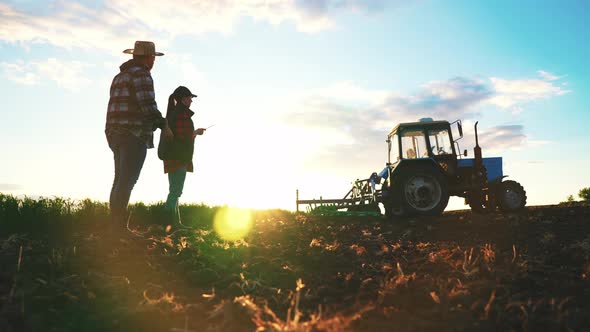 Silhouette Farmer Woman and Man Engineer with Digital Tablet Walking in Field in Rays of Sunset on