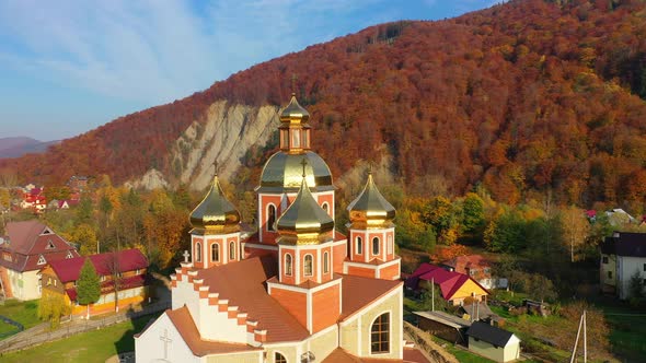  Aerial Drone Video of Orthodox Church with Gilded Domes in Yaremche in Carpathians Mountains