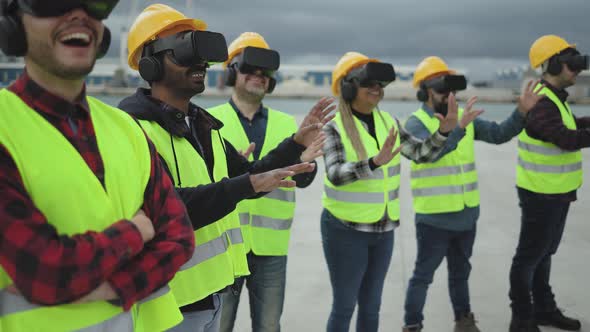 Industrial engineers team having simulation experience with futuristic virtual reality glasses