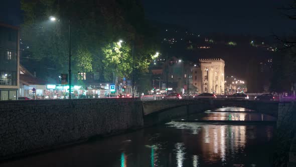 Timelapse of Miljacka River and a bridge