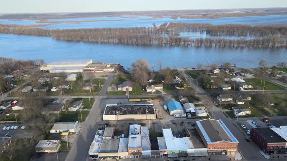 The Illinois River at flood stage in Central Illinois, downtown riverfront Chillicothe, near Peoria,