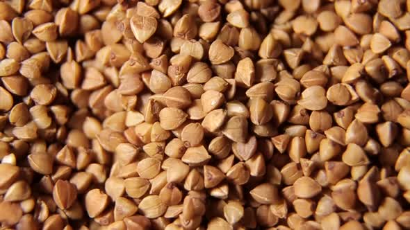 Rotating raw buckwheat. Spinning closeup dry uncooked seeds