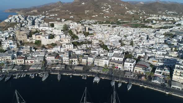 Village of Chora on the island of Naxos in the Cyclades in Greece from the sky