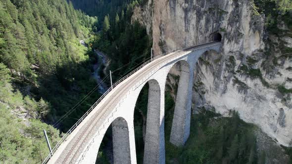 Aerial View of the Landwasser Viaduct in the Swiss Alps at Summer