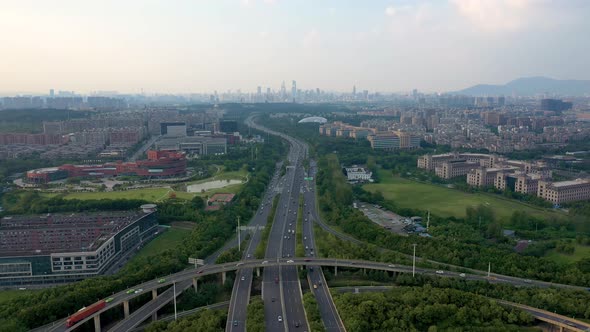 Aerial view of highway and overpass in city