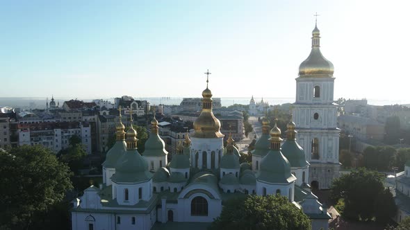 St. Sophia Church in the Morning at Dawn. Kyiv. Ukraine. Aerial View, Slow Motion