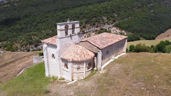 Aerial View of Picturesque Hermitage in San Pantaleon De Losa, Burgos, Spain.