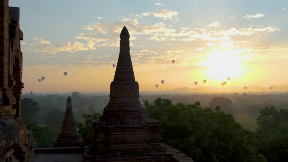 Bagan Myanmar Hot Air Balloon During Sunrise Above Temples and Pagodas of Bagan Myanmar Sunrise