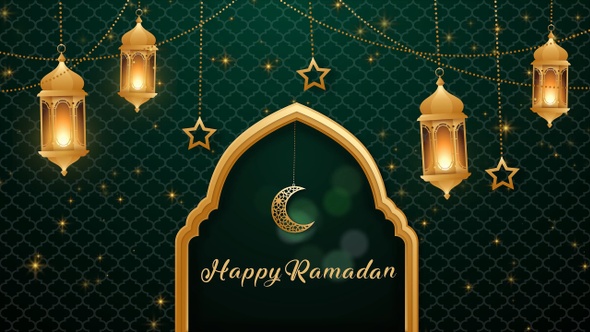 Ramadan Eid Mubarak Golden Lanterns And Gold Glitters With Animated Green Background Video 4k