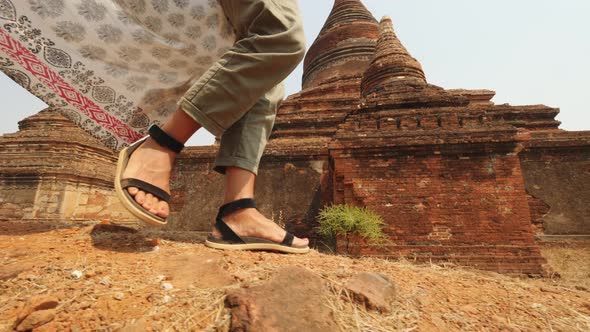Tourist Woman Walking Along Old Traditional Burmese Temples, Travel Vacation Asian Nature Concept