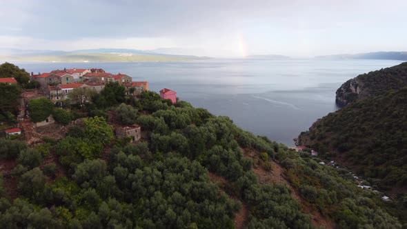 Aerial shot of a medieval town at the coastline in Croatia.