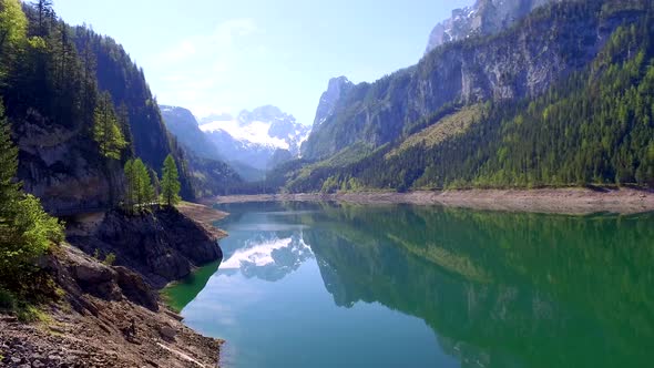 Sunrise over the mountain lake in Gosau, Alps