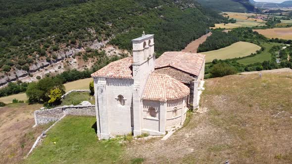 Aerial View of Picturesque Hermitage in San Pantaleon De Losa, Burgos, Spain.