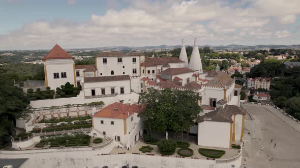 Gothic styled National Palace Sintra with two distinctive chimneys, Portugal