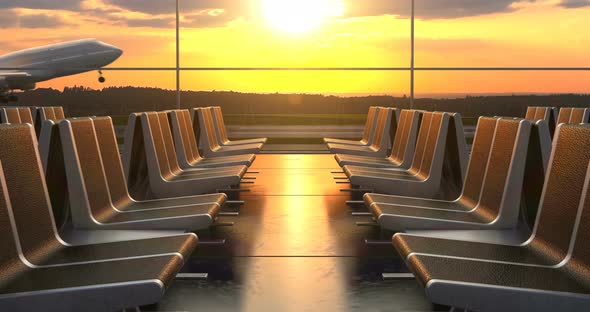 Passenger Airplane Landing against Sunset as Seen through Departure Hall Windows