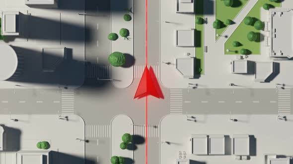 GPS navigation 3D city map. The red arrow running forward along the path.