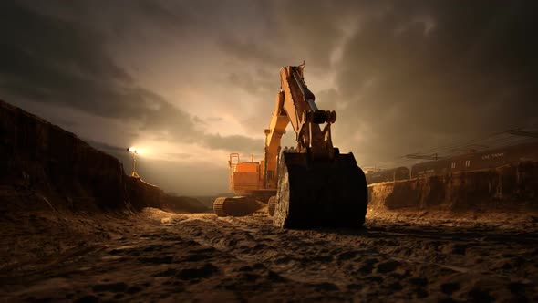 Excavator or digger at construction Site during sunset. Heavy industry. 4k HD