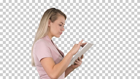 Girl holding digital tablet searching for something, Alpha Channel