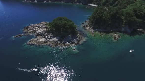 Aerial Over Small Island Covered with Tropical Rainforest Stone Shore Belt Around Woods