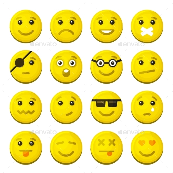 Yellow Smile Emotion Icons Set. Vector