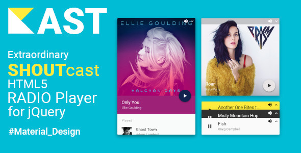 Kast - Nadzwyczajny odtwarzacz SHOUTcast HTML5 Radio dla jQuery - Material Design