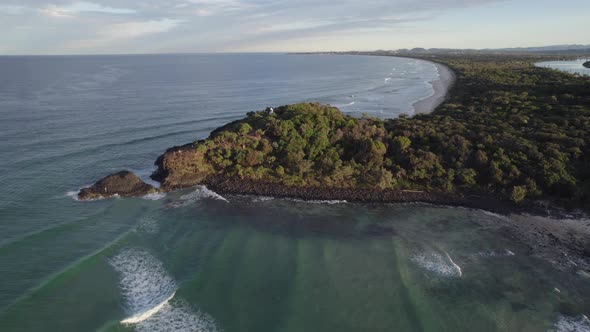 Scenic Fingal Headland And Beach In New South Wales, Australia - aerial drone shot