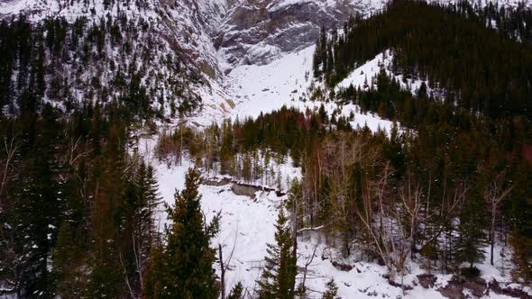 Mountain avalanche area base approached trough a forest