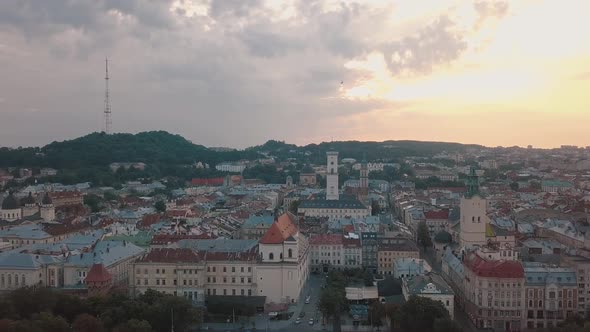 Aerial City Lviv, Ukraine. European City. Popular Areas of the City. Town Hall