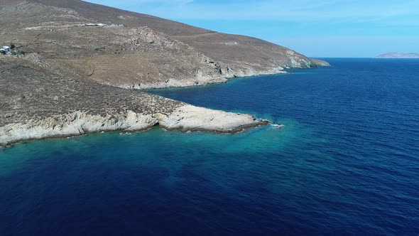 Psili Ammos beach on Serifos island in the Cyclades in Greece seen from the sky