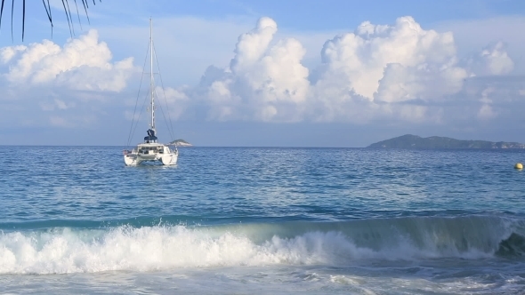 Boat At Sunrise On The Beach Anse Lazio. 