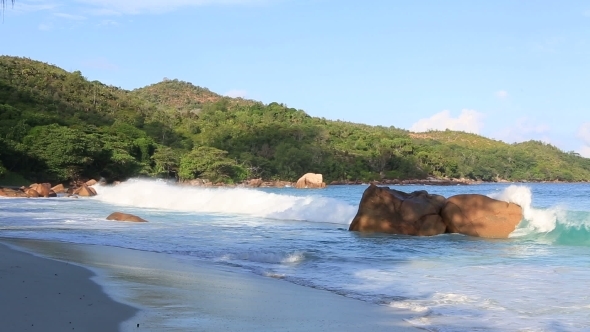 Beautiful Waves At Sunrise On The Beach Anse Lazio. 