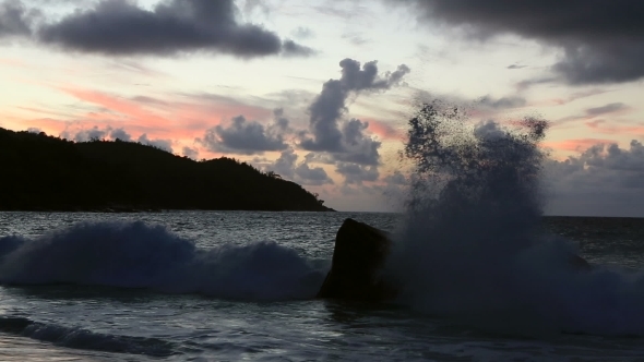 Waves at Sunset on The Beach of Anse Lazio