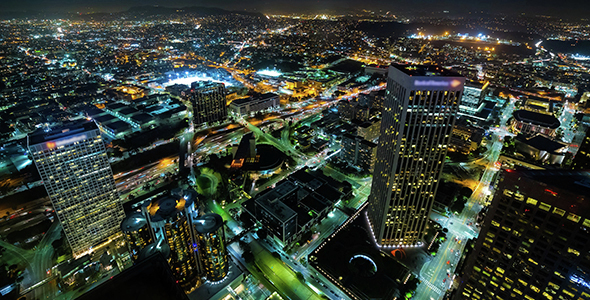 Los Angeles Freeway and Buildings at Night  alt