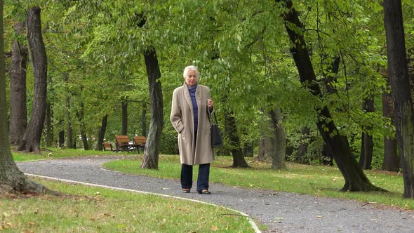 An Elderly Woman Strolls Down a Pathway Through a Park