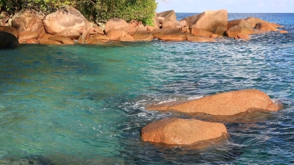 Beautiful Granite Boulders In Indian Ocean On The Beach Of Anse Lazio.