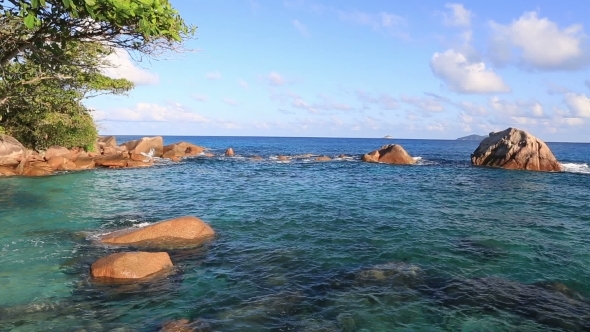 Beautiful Granite Boulders In Indian Ocean On The Beach Of Anse Lazio.