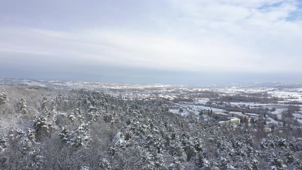 Descending over the snowed forest and valley 4K aerial video