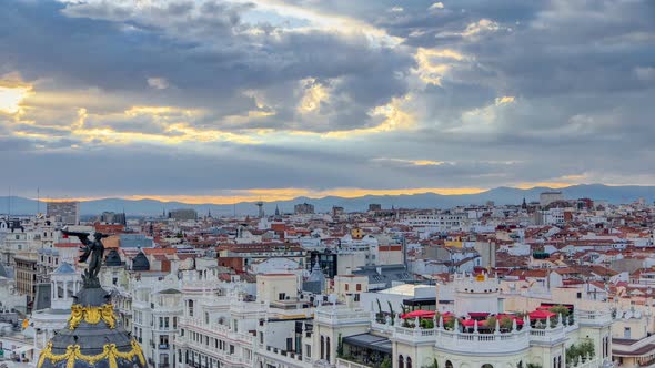 Panoramic Aerial View of Gran Via Timelapse Before Sunset Skyline Old Town Cityscape Metropolis