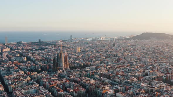 Aerial View Cityscape of Barcelona with Sagrada Familia in Center