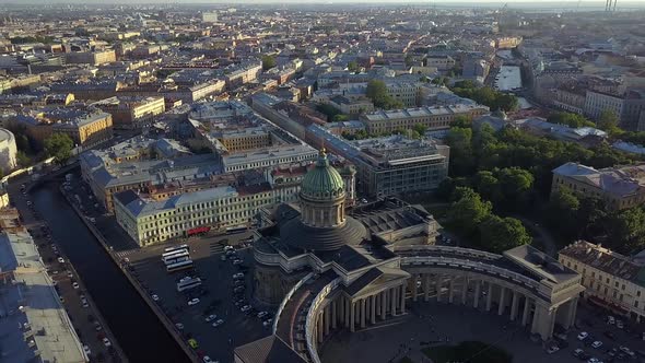 Aerial View on Kazan Cathedral in the Center of Saint-Petersburg City.