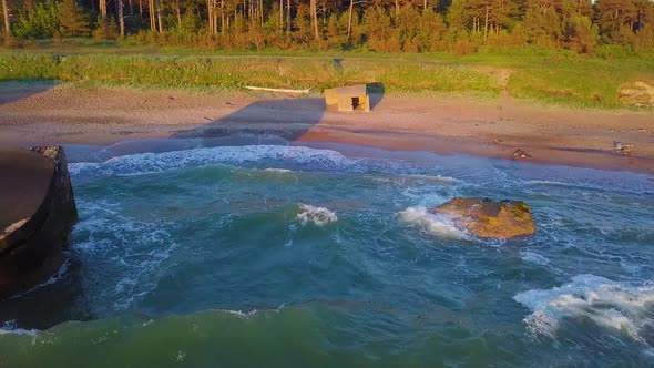 Aerial view of abandoned seaside fortification buildings at Karosta Northern Forts on the beach of B