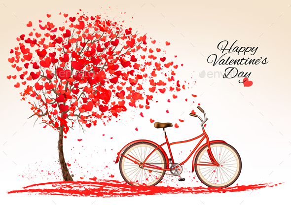 Valentines Day Background With A Bike And A Tree Vector