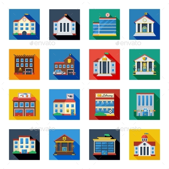 Government Buildings Icons In Colorful Squares