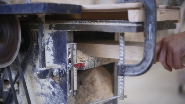 Carpenter Working with Circular Saw Woodworking Machine alt