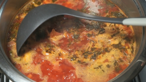 Steel Pan With Beet Soup Is On The Stove