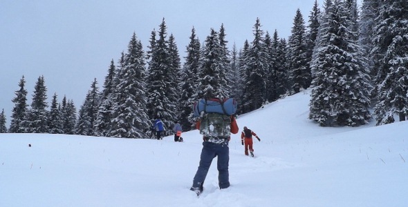 Winter Hike People Go Snow Mountain
