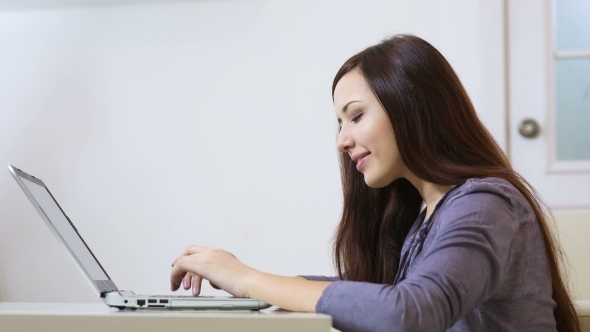 Beauty Woman Using Laptop At Home