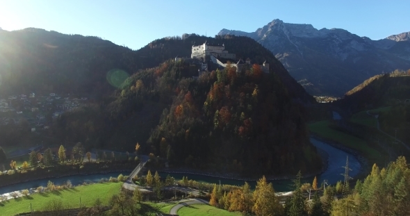 Aerial View Of Alpine Castle Hohenwerfen Near Salzburg, Austrian Alps