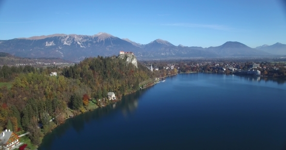Aerial View Of Bled Castle And Bled Lake Landscape With Mountain