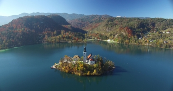 Aerial View Of St Martin Church On Island And Bled Lake Landscape With Mountain